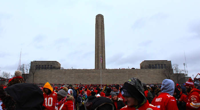 Feb 5, 2020; Kansas City, Missouri, USA; Kansas City's World War I Museum and Memorial during the Kansas City Chiefs' Super Bowl LIV championship parade. Photo by Joshua Brisco.